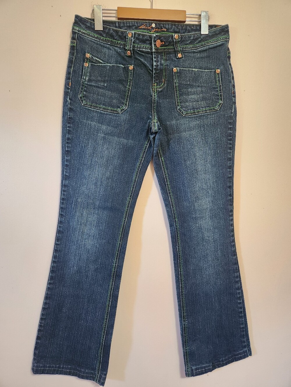 Vintage Y2K Dish Jeans Neon Green Stitch Patch Pocket Flare Denim W31